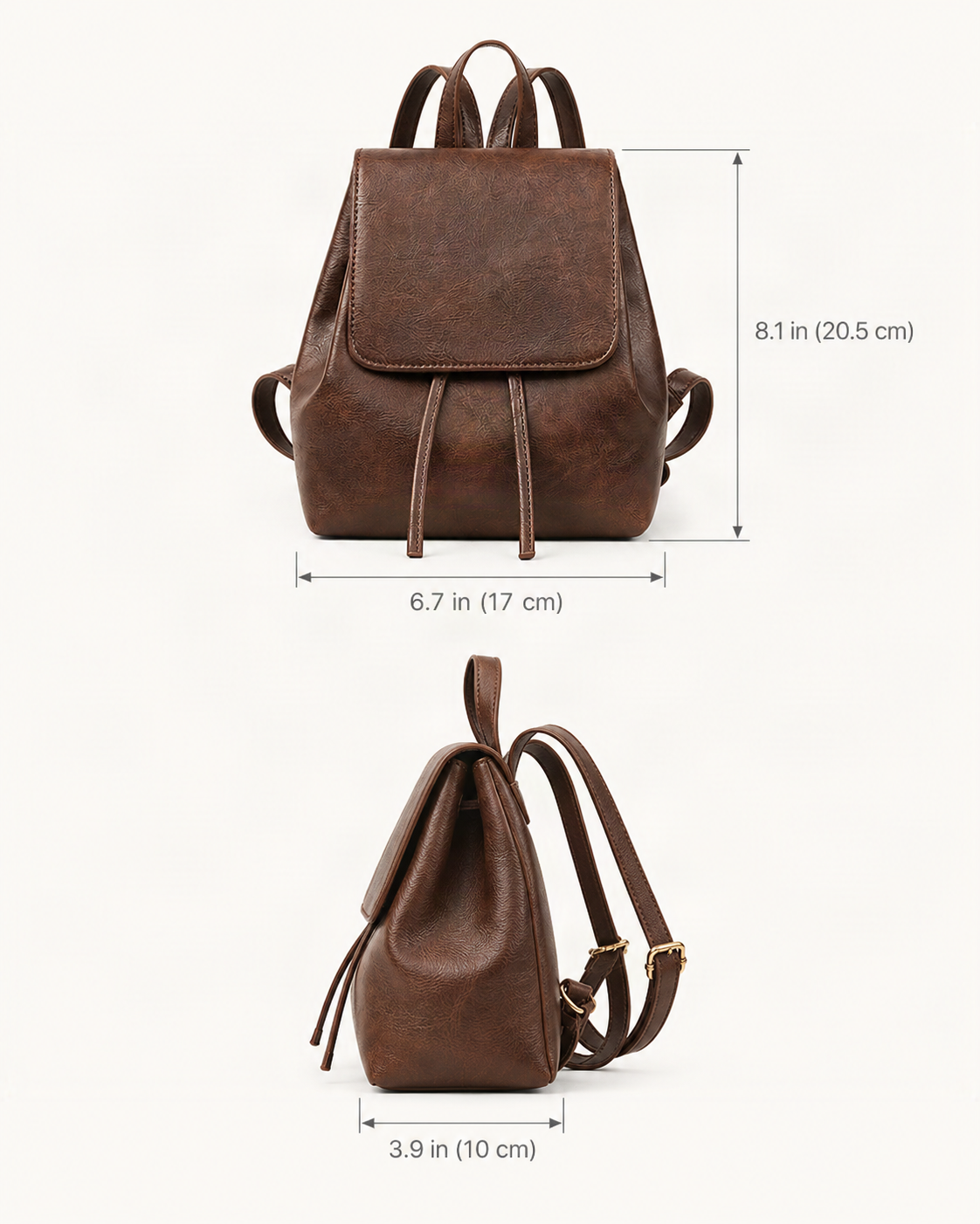 Split Cowhide Mini Backpack dimensions diagram, in inches and centimetres