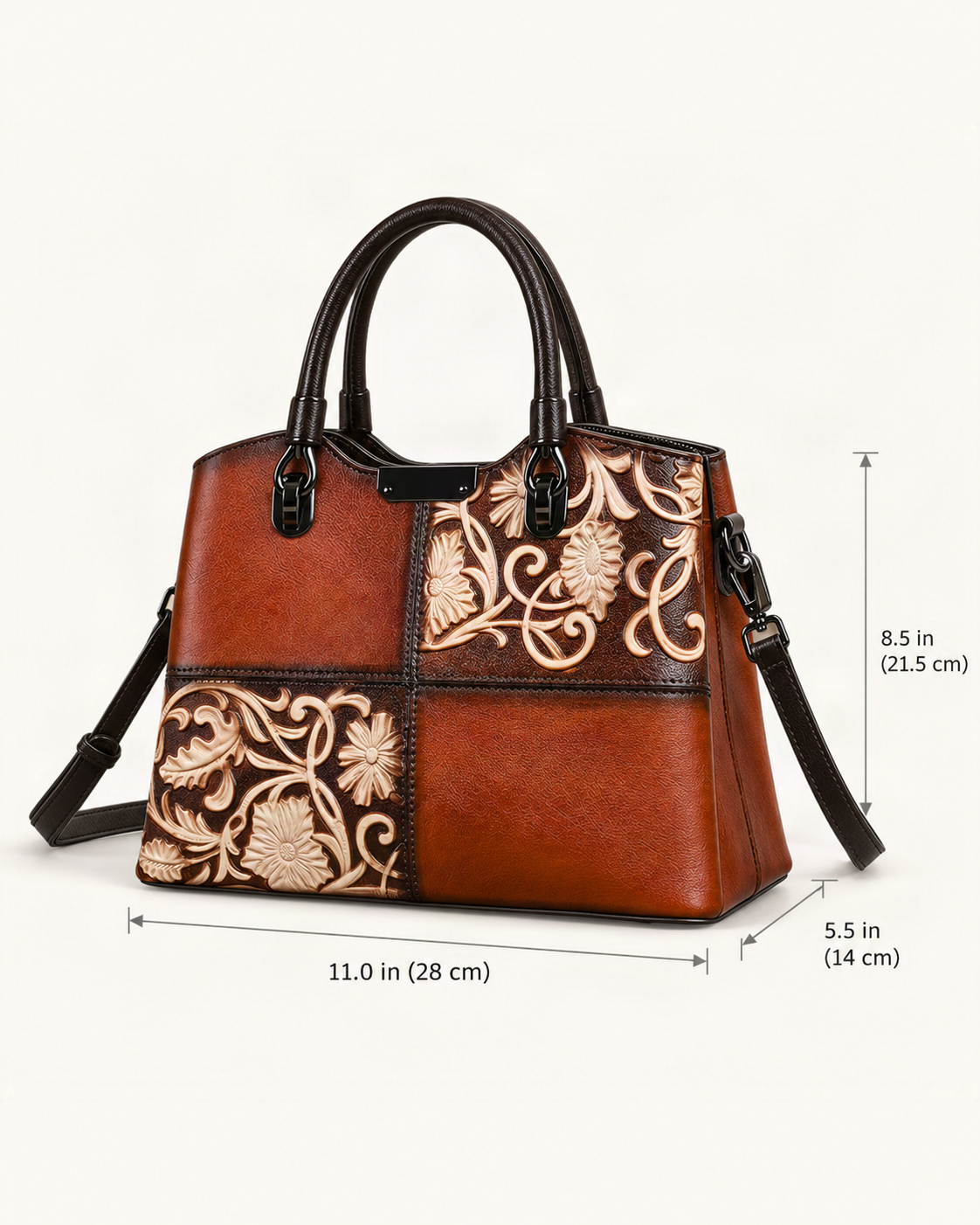 Top-Grain Cowhide Small Plus Crossbody Bag dimensions diagram, in inches and centimetres