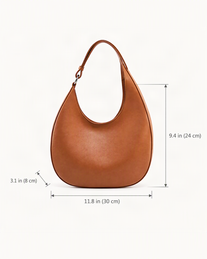 Cowhide Leather Crescent Hobo Bag dimensions diagram, in inches and centimetres