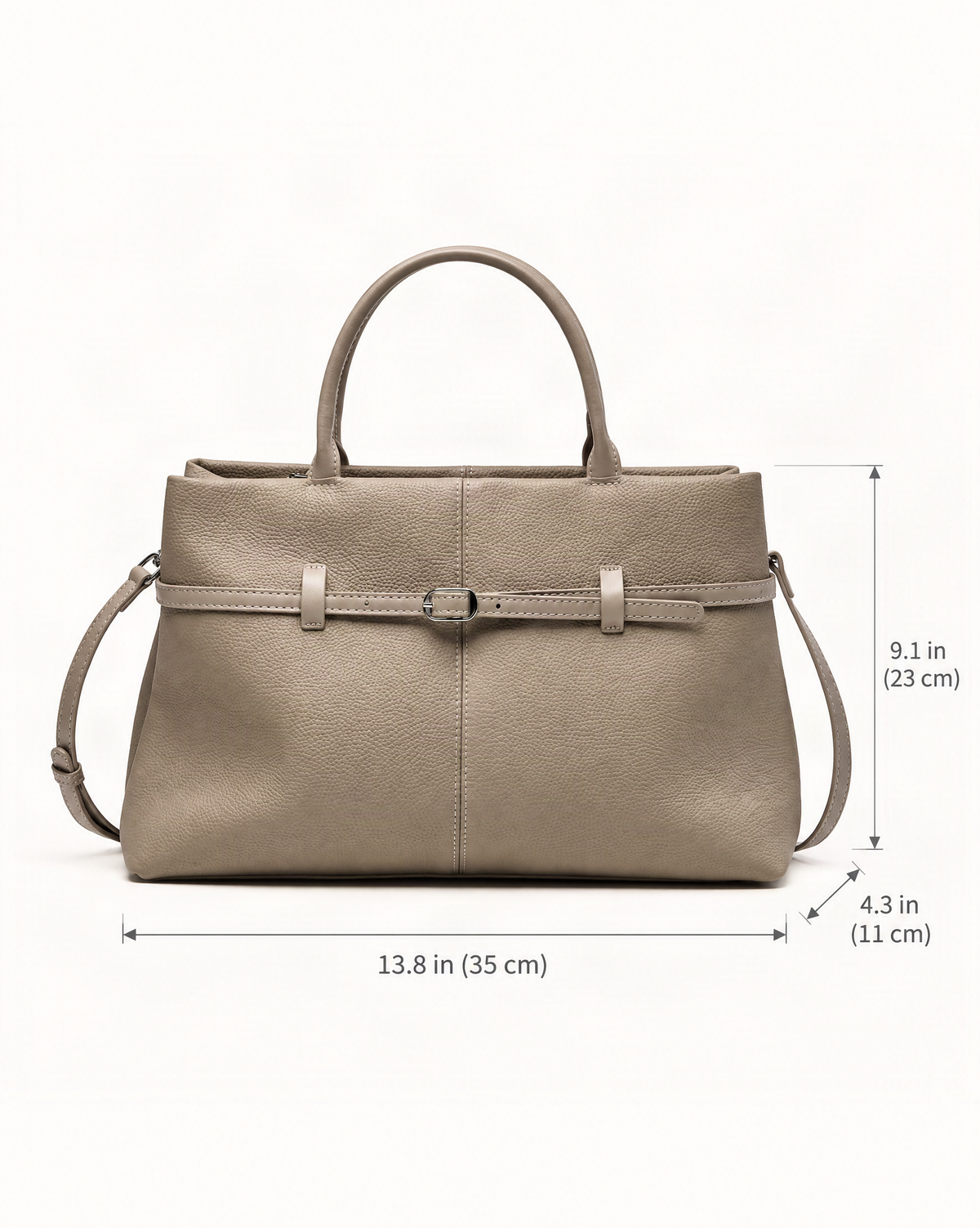 Cowhide Leather Small Tote Bag with Adjustable Strap dimensions diagram, in inches and centimetres