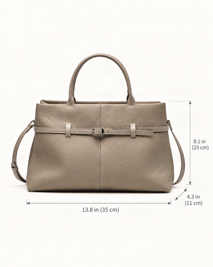Cowhide Leather Small Tote Bag with Adjustable Strap dimensions diagram, in inches and centimetres