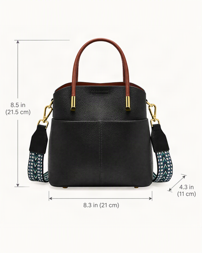 Cowhide Leather Bucket Bag with Woven Strap dimensions diagram, in inches and centimetres