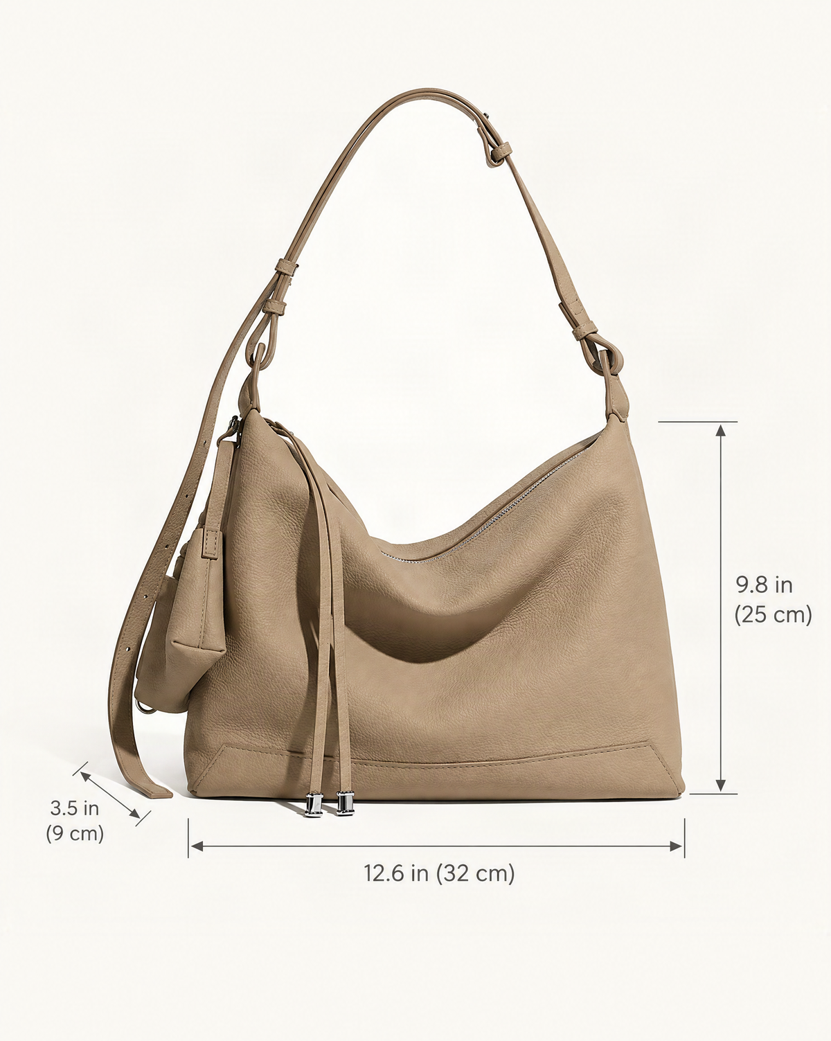 Cowhide Leather Soft Hobo Shoulder Bag dimensions diagram, in inches and centimetres