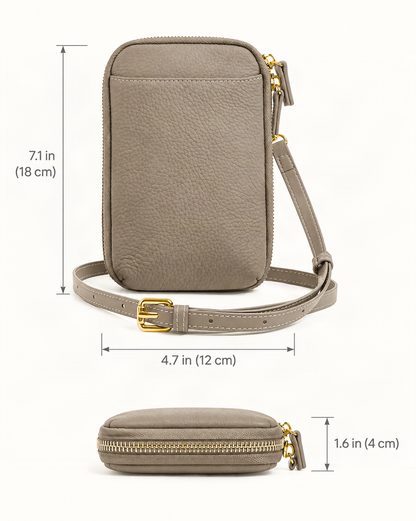 Cowhide Leather Micro Crossbody Phone Bag dimensions diagram, in inches and centimetres