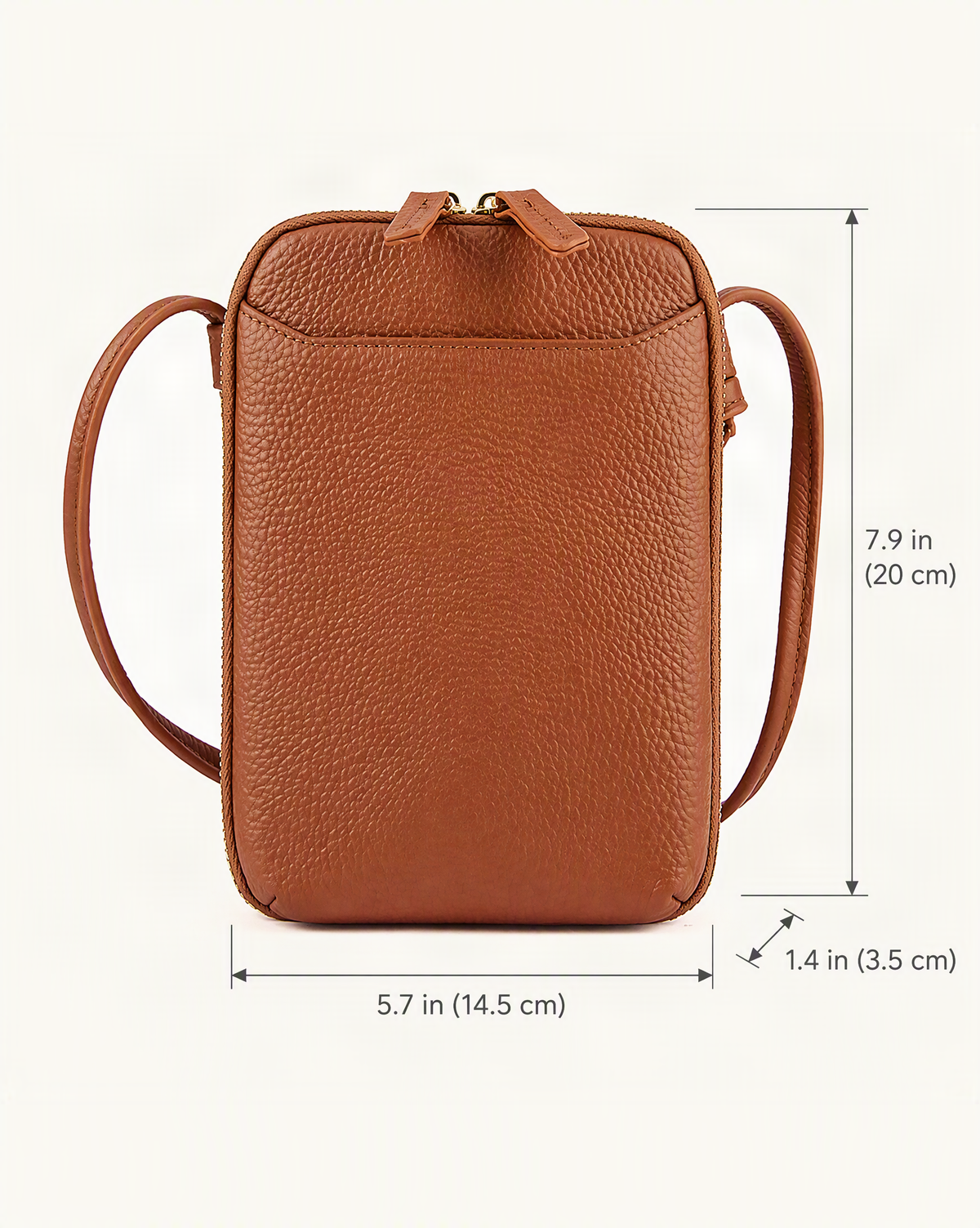 Cowhide Vertical Crossbody Phone Bag, Pebbled dimensions diagram, in inches and centimetres
