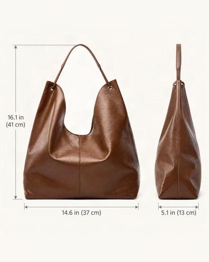 Cowhide Leather Small Hobo Shoulder Bag dimensions diagram, in inches and centimetres