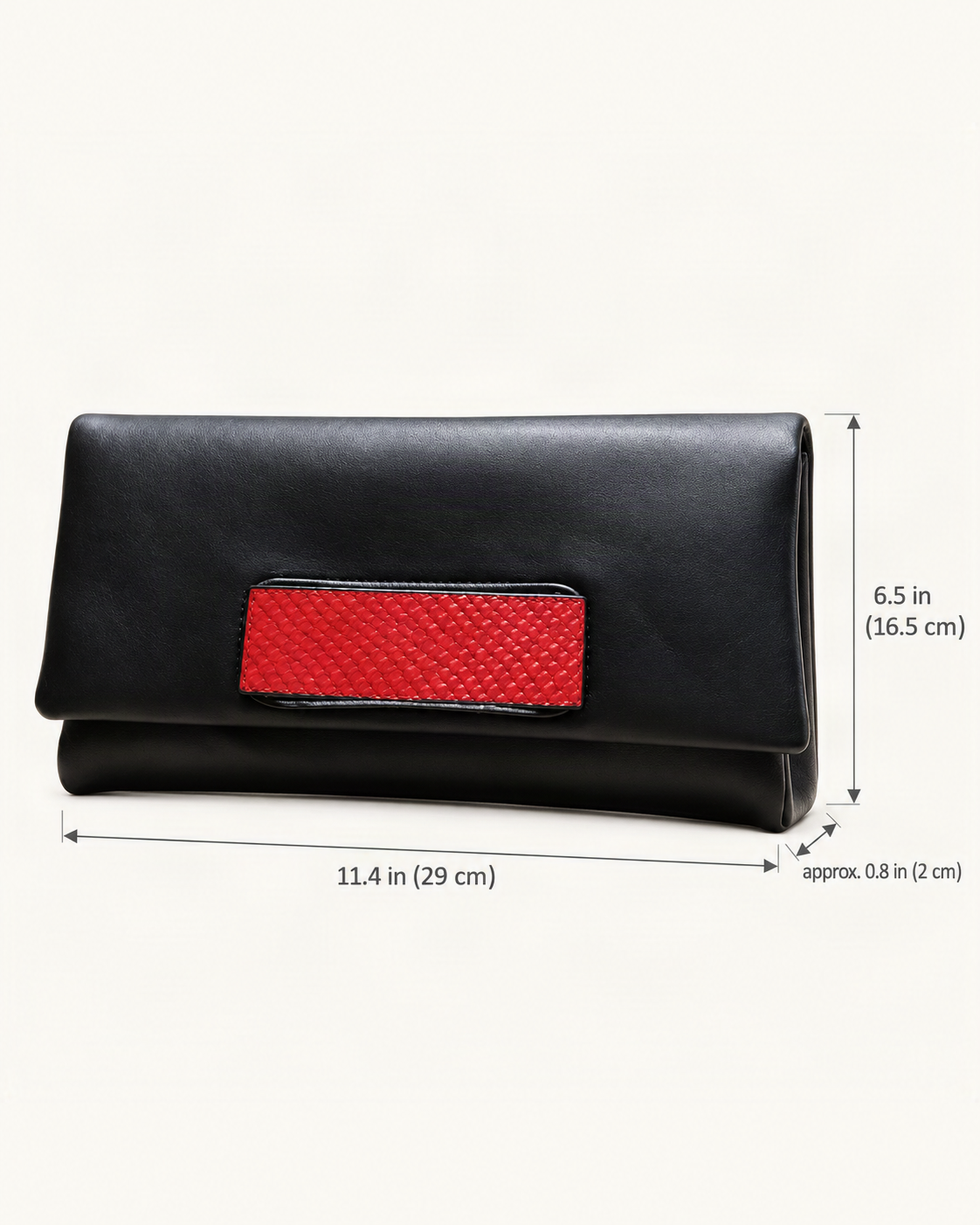 Cowhide Envelope Clutch Bag dimensions diagram, in inches and centimetres
