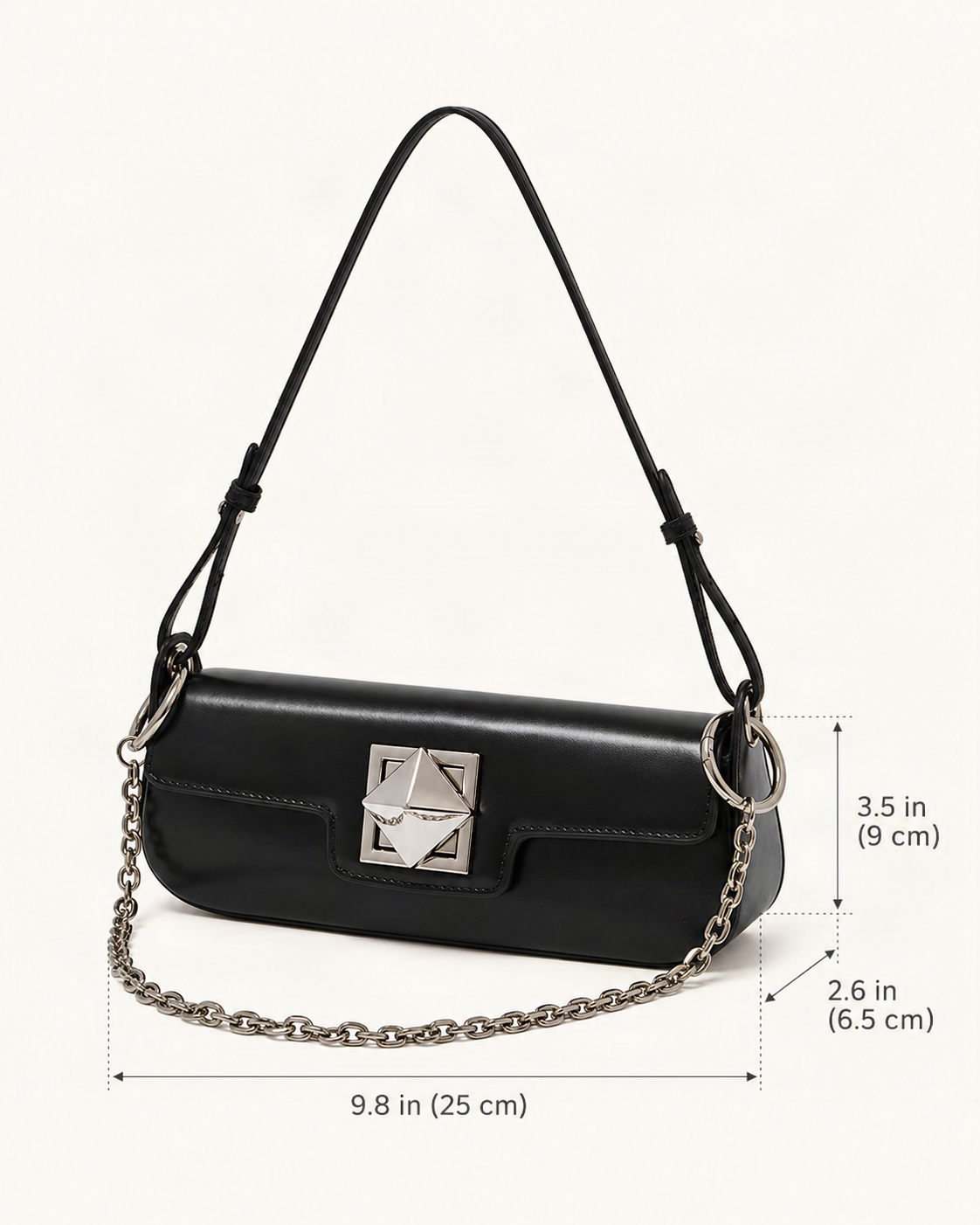 Leather Baguette Shoulder Bag dimensions diagram, in inches and centimetres