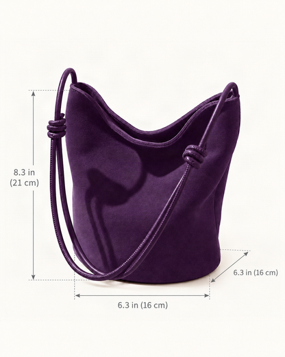 Nubuck Cowhide Mini Bucket Shoulder Bag dimensions diagram, in inches and centimetres