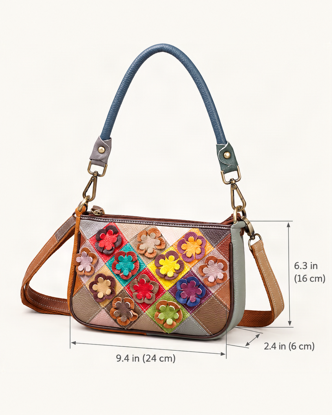Top-Grain Cowhide Small Crossbody Bag – Random Multicolor dimensions diagram, in inches and centimetres