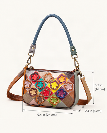 Top-Grain Cowhide Small Crossbody Bag – Random Multicolor dimensions diagram, in inches and centimetres