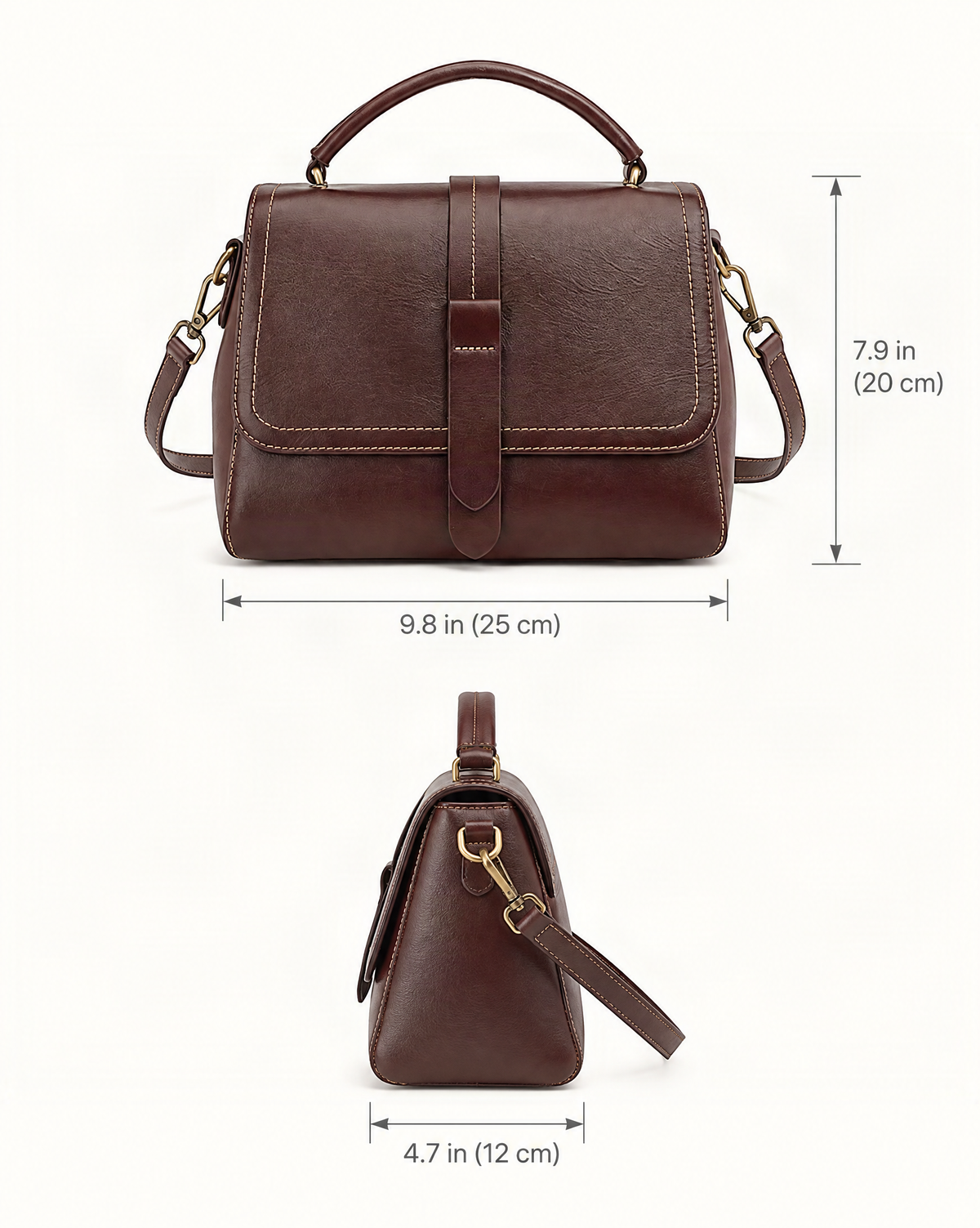 Cowhide Leather Small Boston Crossbody Bag with Top Handle dimensions diagram, in inches and centimetres