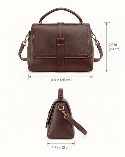 Cowhide Leather Small Boston Crossbody Bag with Top Handle dimensions diagram, in inches and centimetres