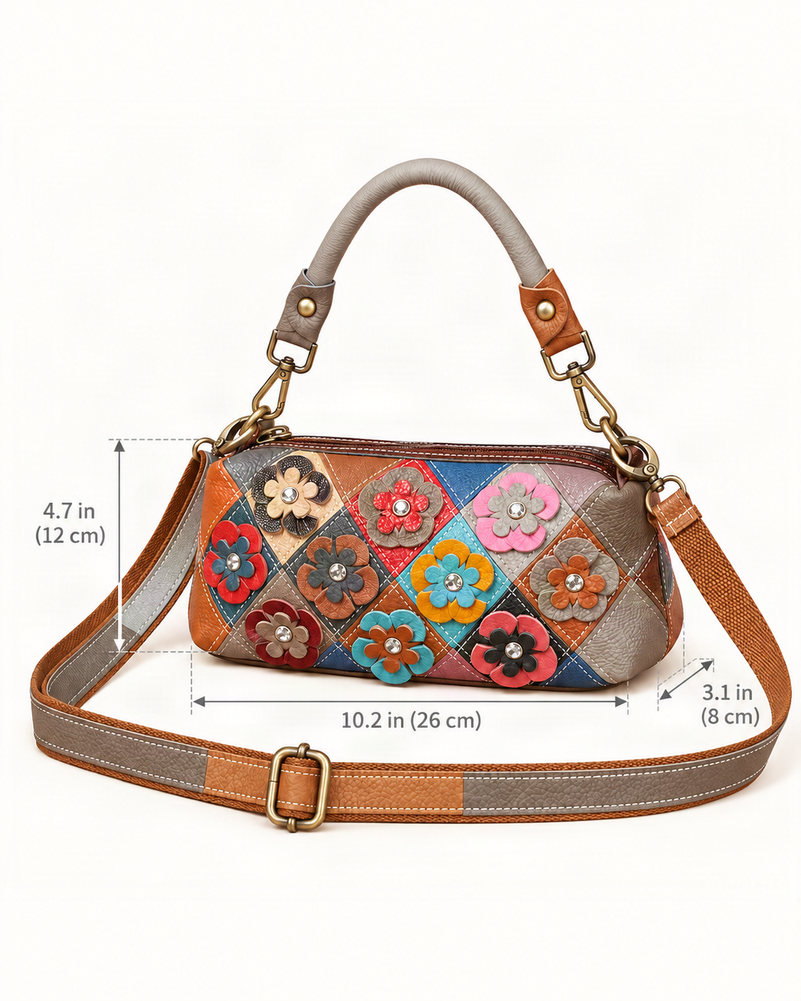Top-Grain Cowhide Small Crossbody Bag – Color Options dimensions diagram, in inches and centimetres