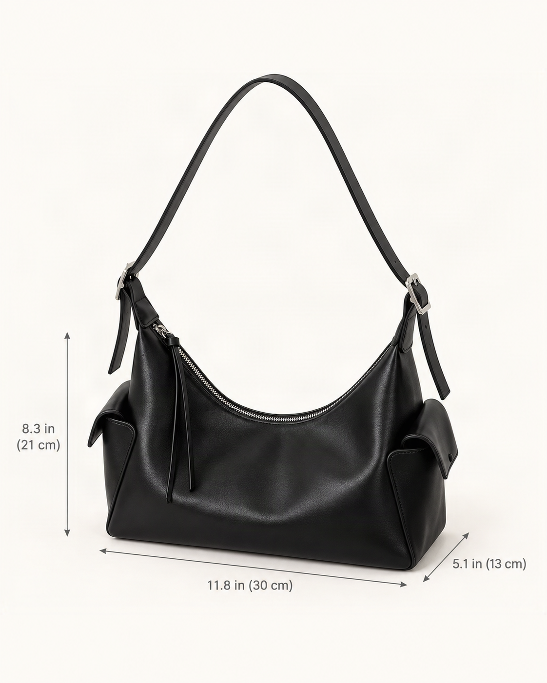 Top-Grain Cowhide Small Plus Shoulder Bag dimensions diagram, in inches and centimetres