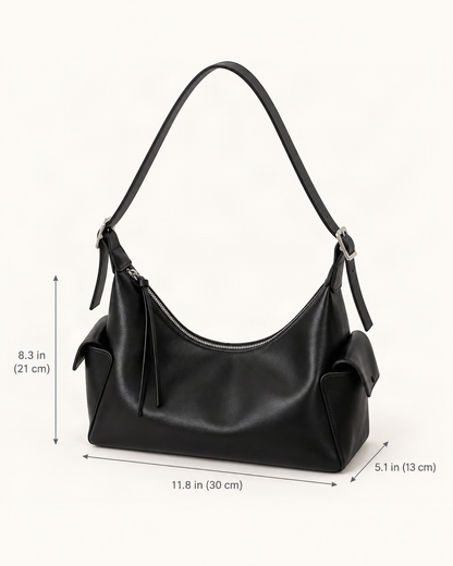 Top-Grain Cowhide Small Plus Shoulder Bag dimensions diagram, in inches and centimetres
