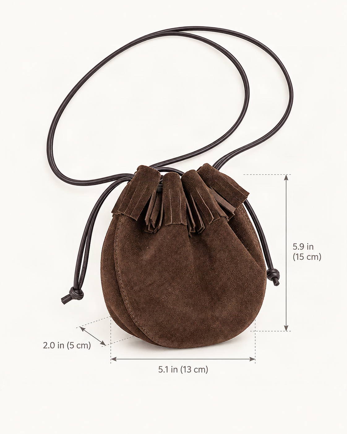 Suede Cowhide Micro Bucket Bag dimensions diagram, in inches and centimetres