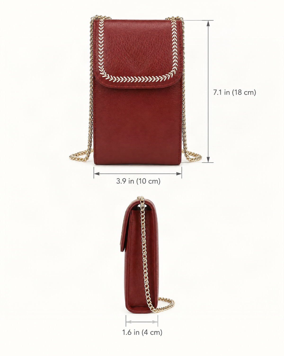 Top-Grain Cowhide Micro Crossbody Phone Bag with Chain Strap dimensions diagram, in inches and centimetres