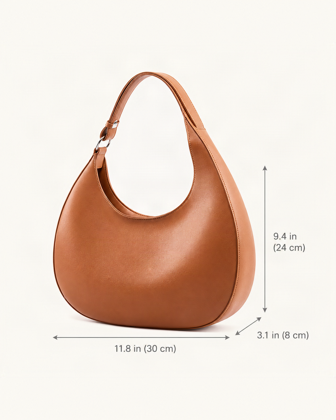Split Leather Crescent Shoulder Bag dimensions diagram, in inches and centimetres
