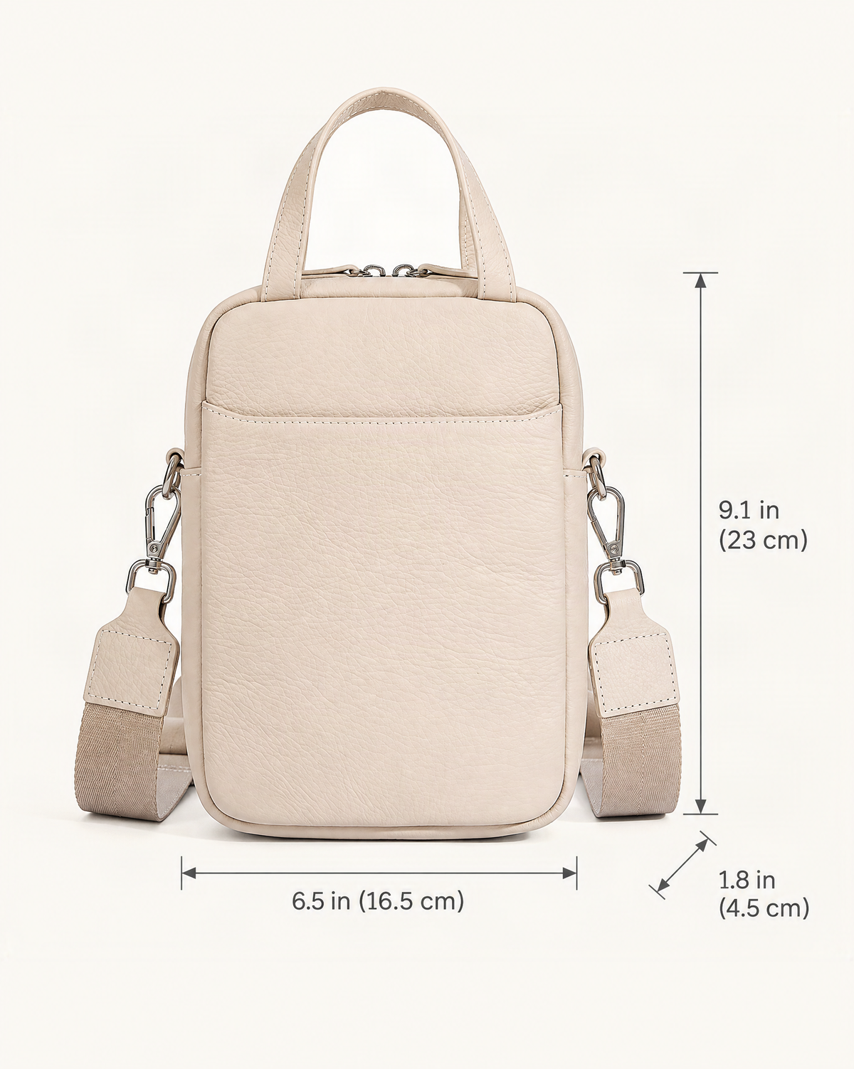 Pebbled Cowhide Leather Mini Crossbody Phone Bag dimensions diagram, in inches and centimetres