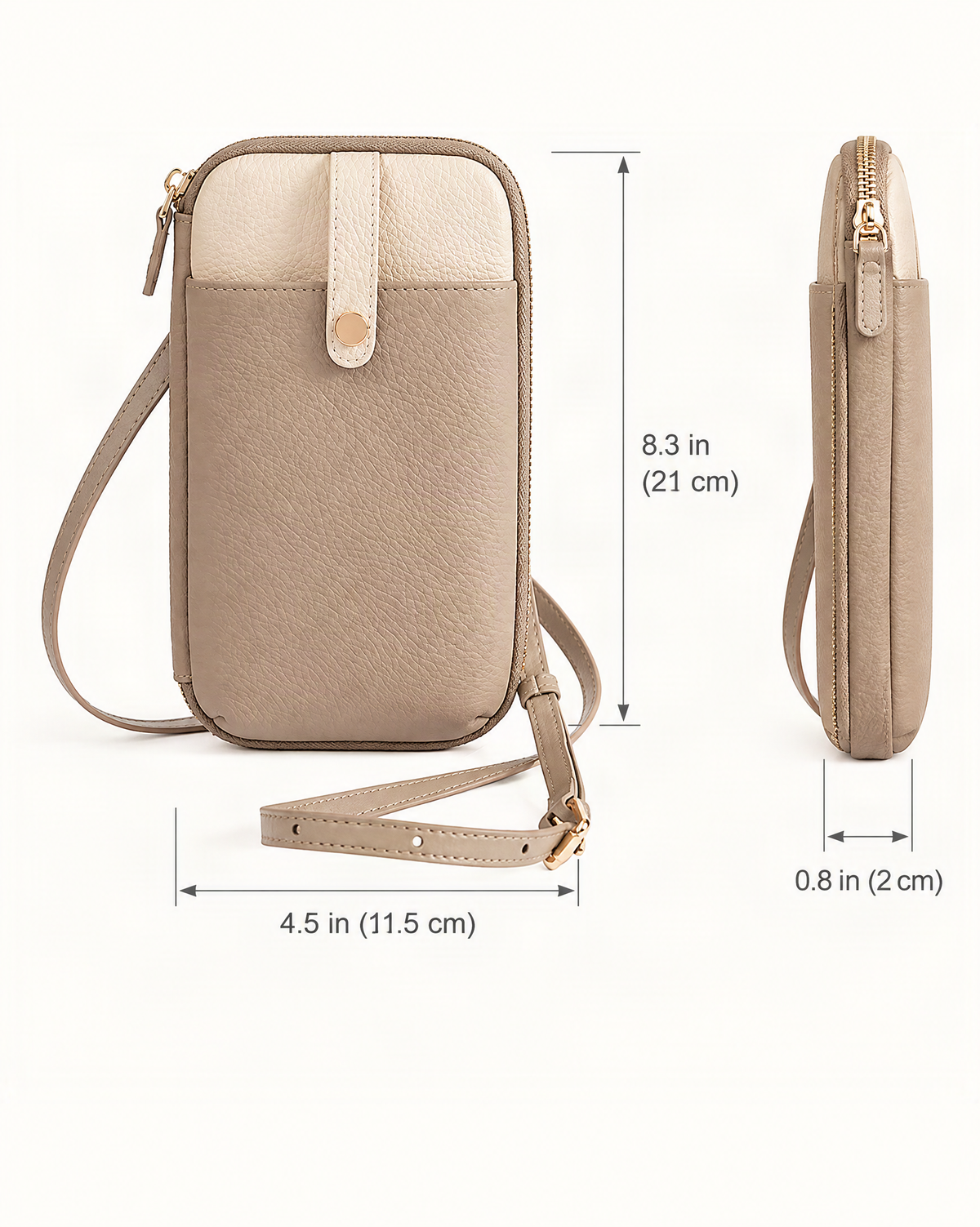 Cowhide Leather Micro Crossbody Phone Bag with Card Slots dimensions diagram, in inches and centimetres