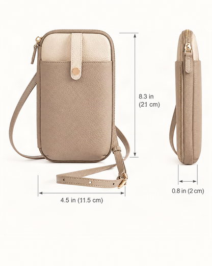 Cowhide Leather Micro Crossbody Phone Bag with Card Slots dimensions diagram, in inches and centimetres