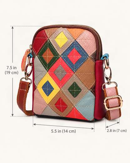 Top-Grain Cowhide Mini Shoulder Bag dimensions diagram, in inches and centimetres