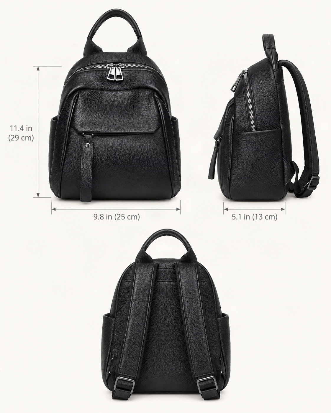 Top-Grain Cowhide Backpack with Multiple Pockets dimensions diagram, in inches and centimetres