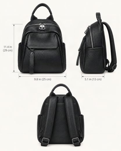 Top-Grain Cowhide Backpack with Multiple Pockets dimensions diagram, in inches and centimetres