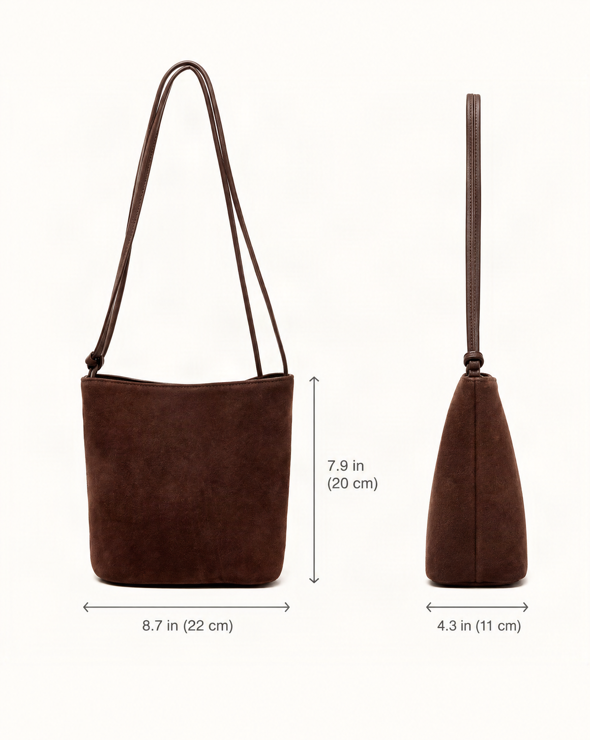 Nubuck Cowhide Bucket Crossbody Bag dimensions diagram, in inches and centimetres