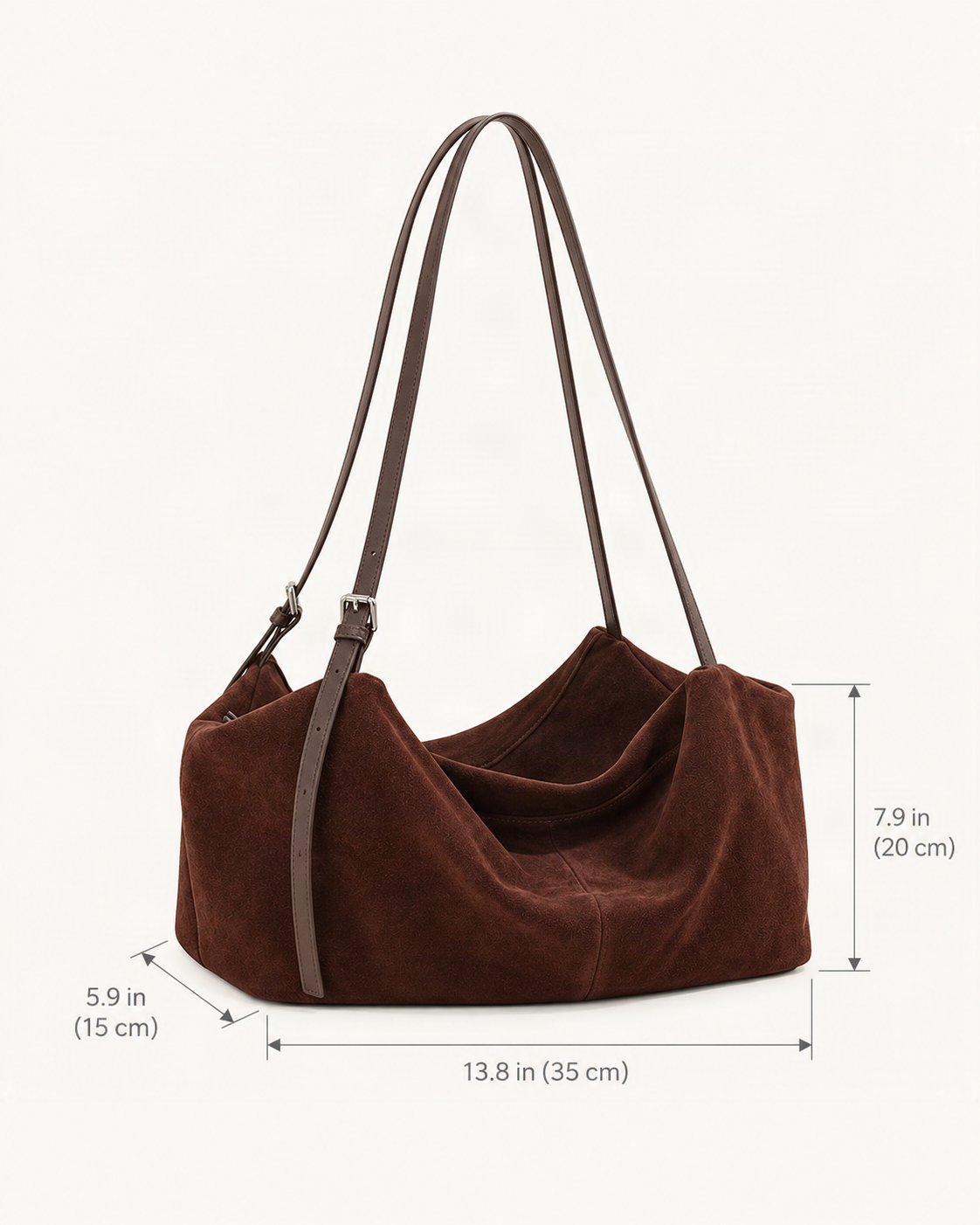 Suede Cowhide Zip Shoulder Tote Bag dimensions diagram, in inches and centimetres
