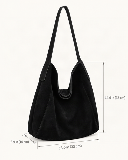 Suede Cowhide Shoulder Tote Bag dimensions diagram, in inches and centimetres