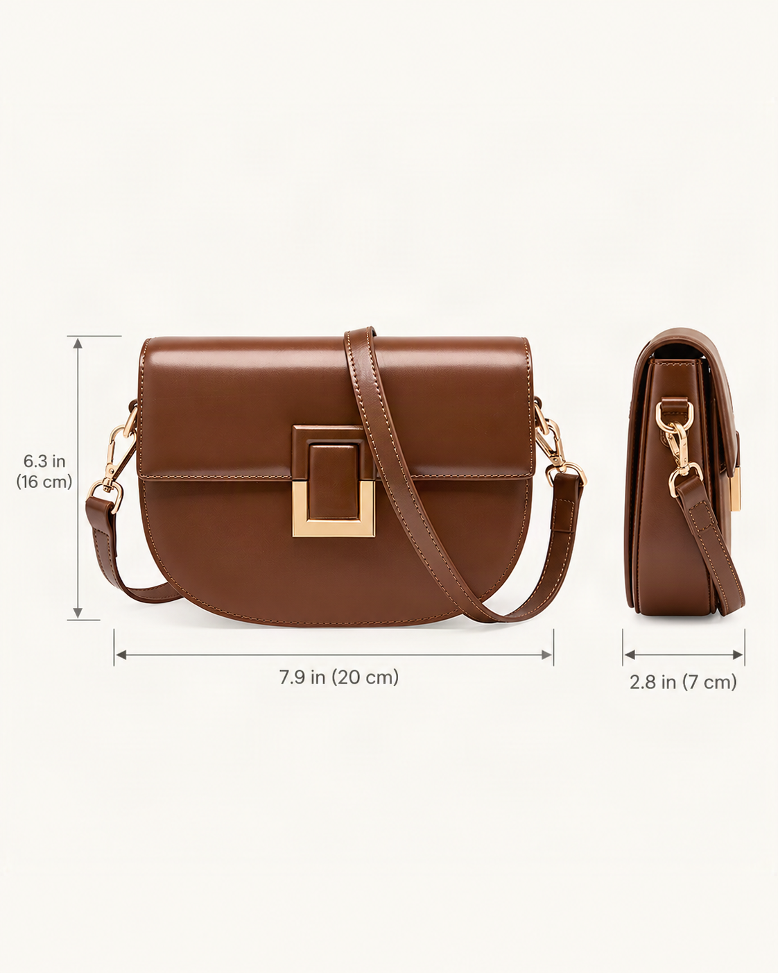 Cowhide Mini Saddle Crossbody Bag dimensions diagram, in inches and centimetres
