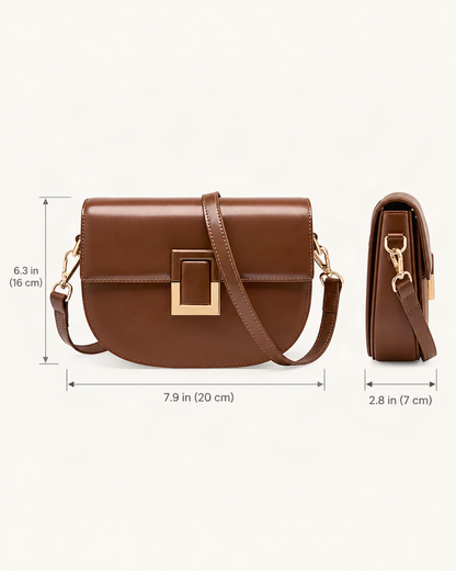 Cowhide Mini Saddle Crossbody Bag dimensions diagram, in inches and centimetres
