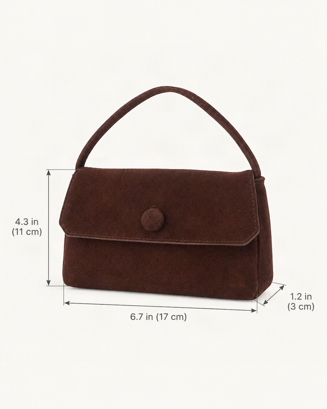 Suede Lambskin Mini Shoulder Bag with Button Flap dimensions diagram, in inches and centimetres