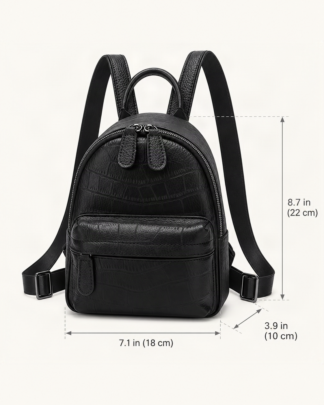 Split Leather Mini Backpack dimensions diagram, in inches and centimetres