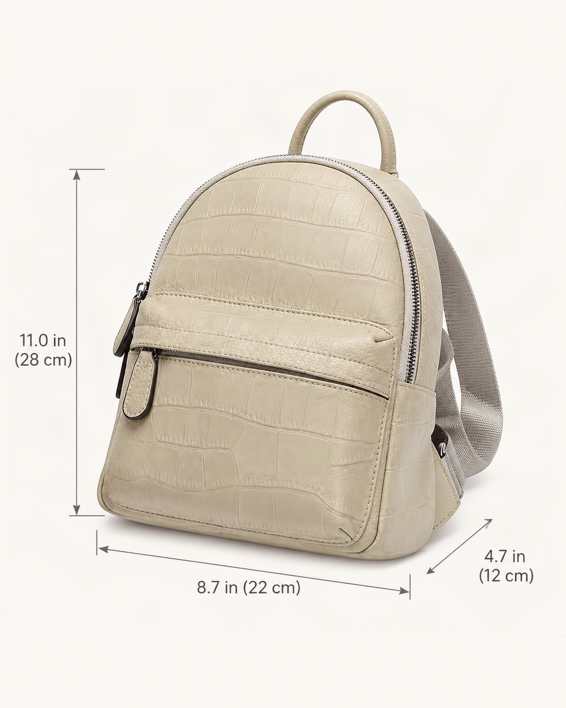 Top-Grain Cowhide Small Backpack dimensions diagram, in inches and centimetres