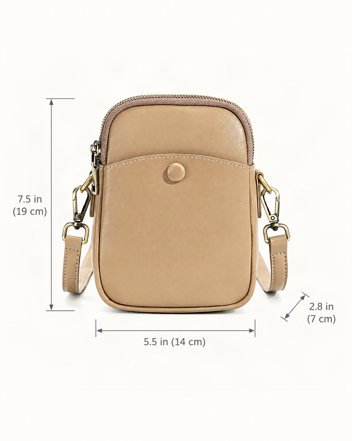 Cowhide Leather Micro Crossbody Bag with Adjustable Strap dimensions diagram, in inches and centimetres