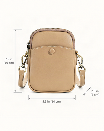 Cowhide Leather Micro Crossbody Bag with Adjustable Strap dimensions diagram, in inches and centimetres