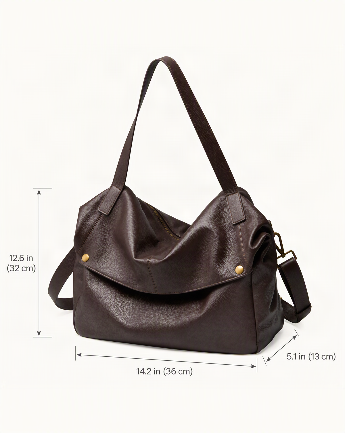 Cowhide Leather Tote Shoulder Bag with Detachable Strap dimensions diagram, in inches and centimetres
