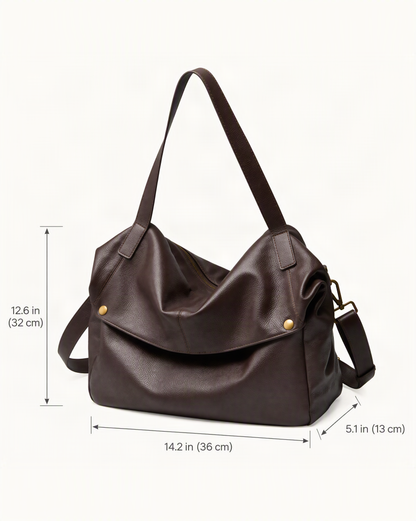 Cowhide Leather Tote Shoulder Bag with Detachable Strap dimensions diagram, in inches and centimetres