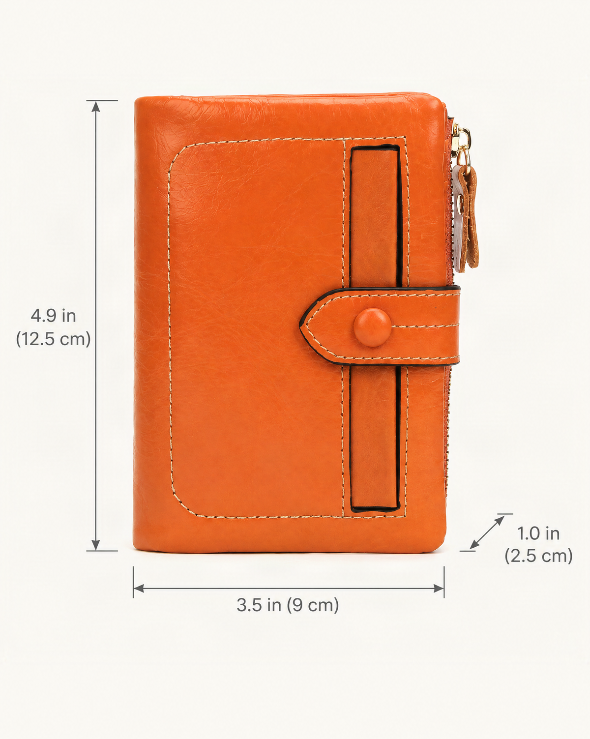 Cowhide Leather Short Wallet 12 Card Slots Zip Coin dimensions diagram, in inches and centimetres
