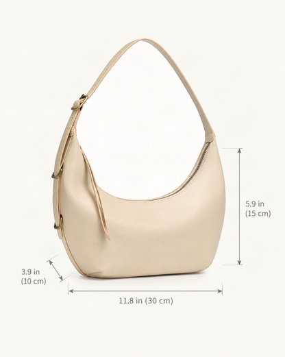 Cowhide Crescent Shoulder Bag dimensions diagram, in inches and centimetres
