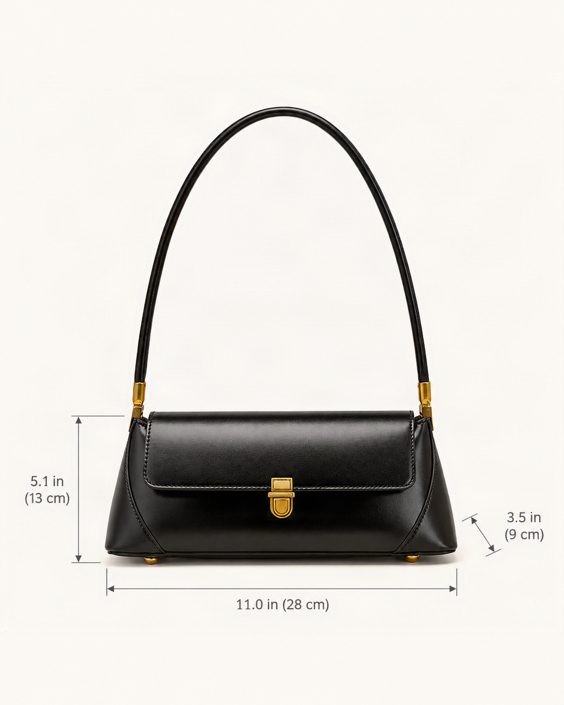 Cowhide Leather Small Plus Baguette Shoulder Bag dimensions diagram, in inches and centimetres