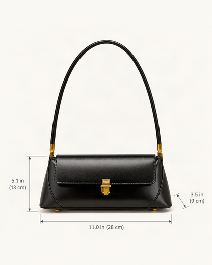 Cowhide Leather Small Plus Baguette Shoulder Bag dimensions diagram, in inches and centimetres