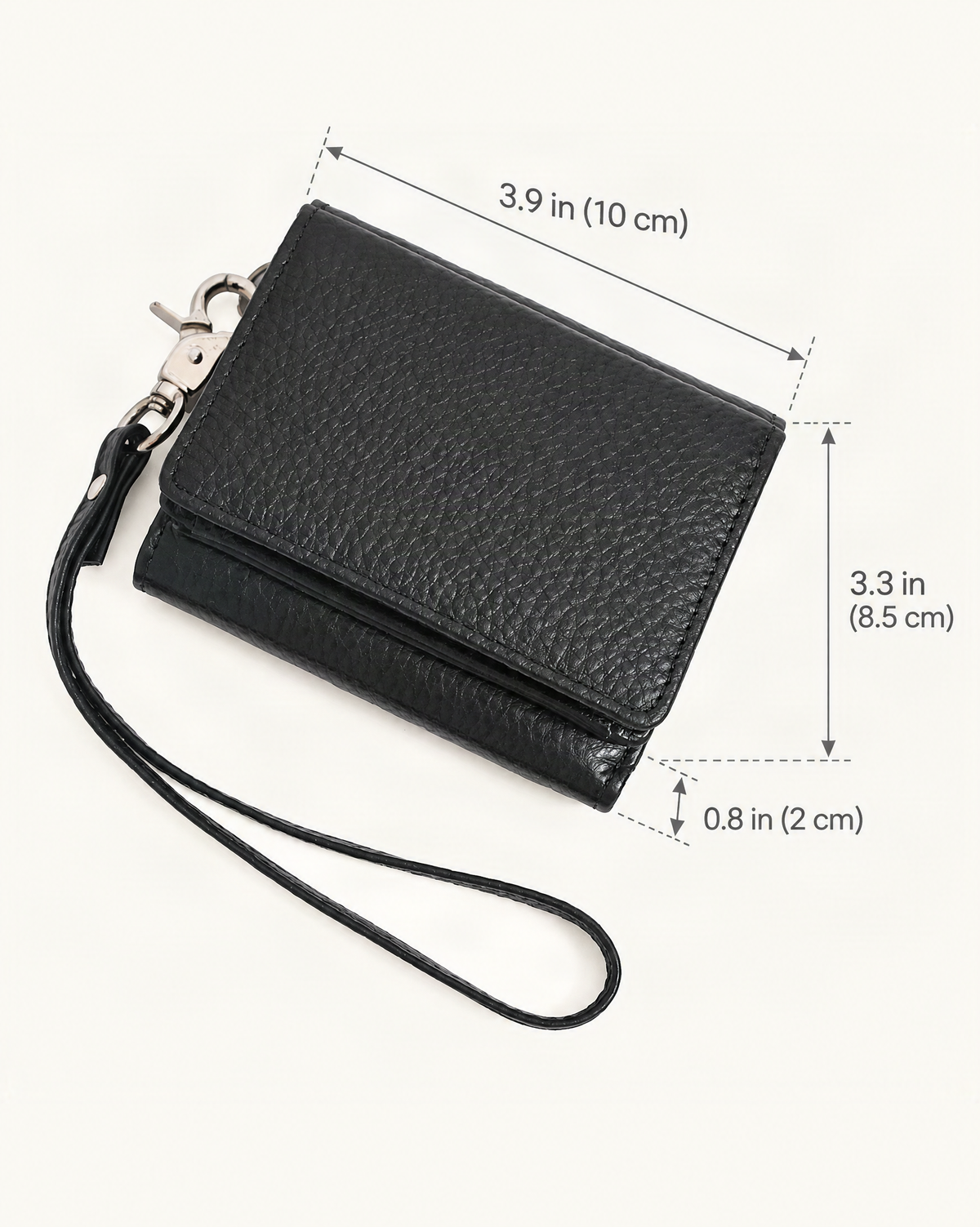 Cowhide Leather Tri-Fold RFID-Blocking Wallet dimensions diagram, in inches and centimetres