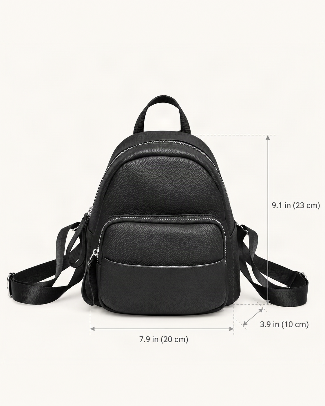 Leather Mini Backpack dimensions diagram, in inches and centimetres