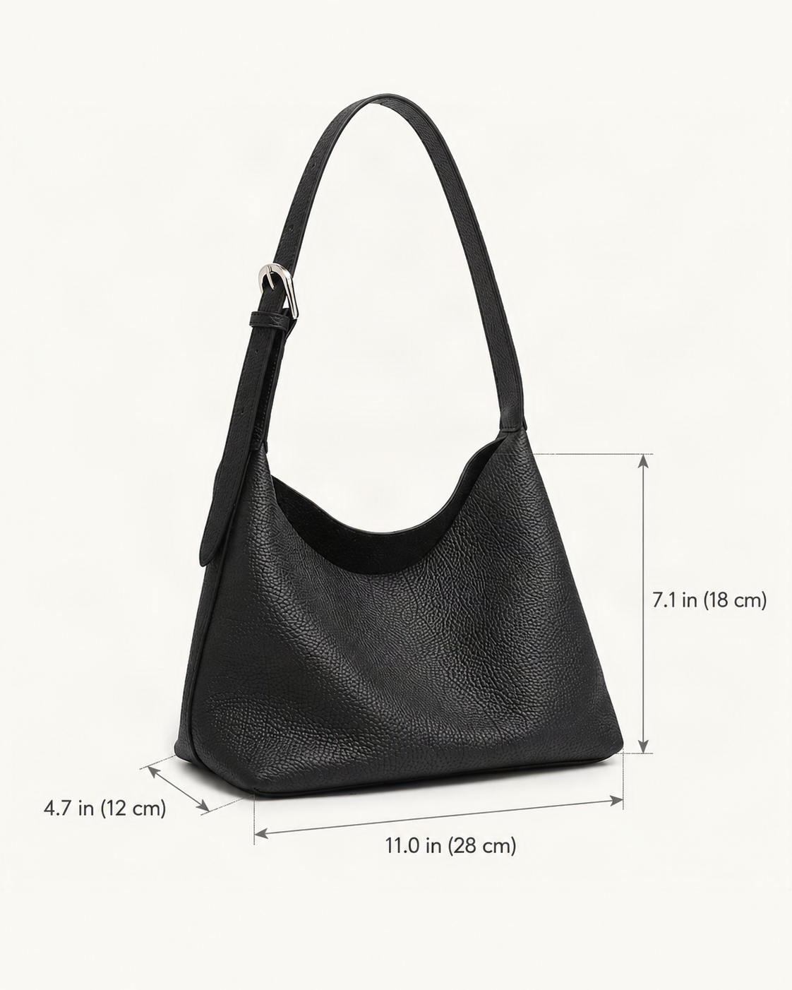 Pebbled Cowhide Small Plus Shoulder Hobo Bag dimensions diagram, in inches and centimetres