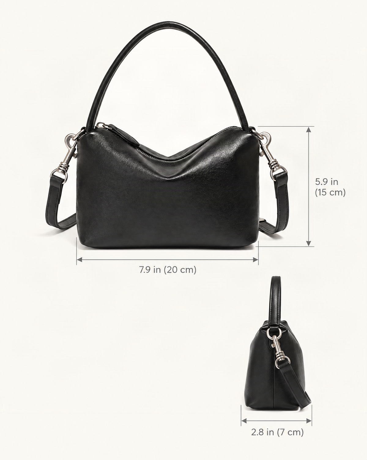 Top-Grain Cowhide Pillow Bag with Detachable Strap dimensions diagram, in inches and centimetres