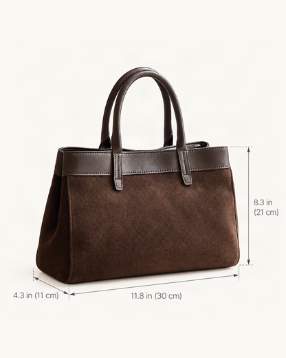 Suede Cowhide Top-Handle Shoulder Bag dimensions diagram, in inches and centimetres